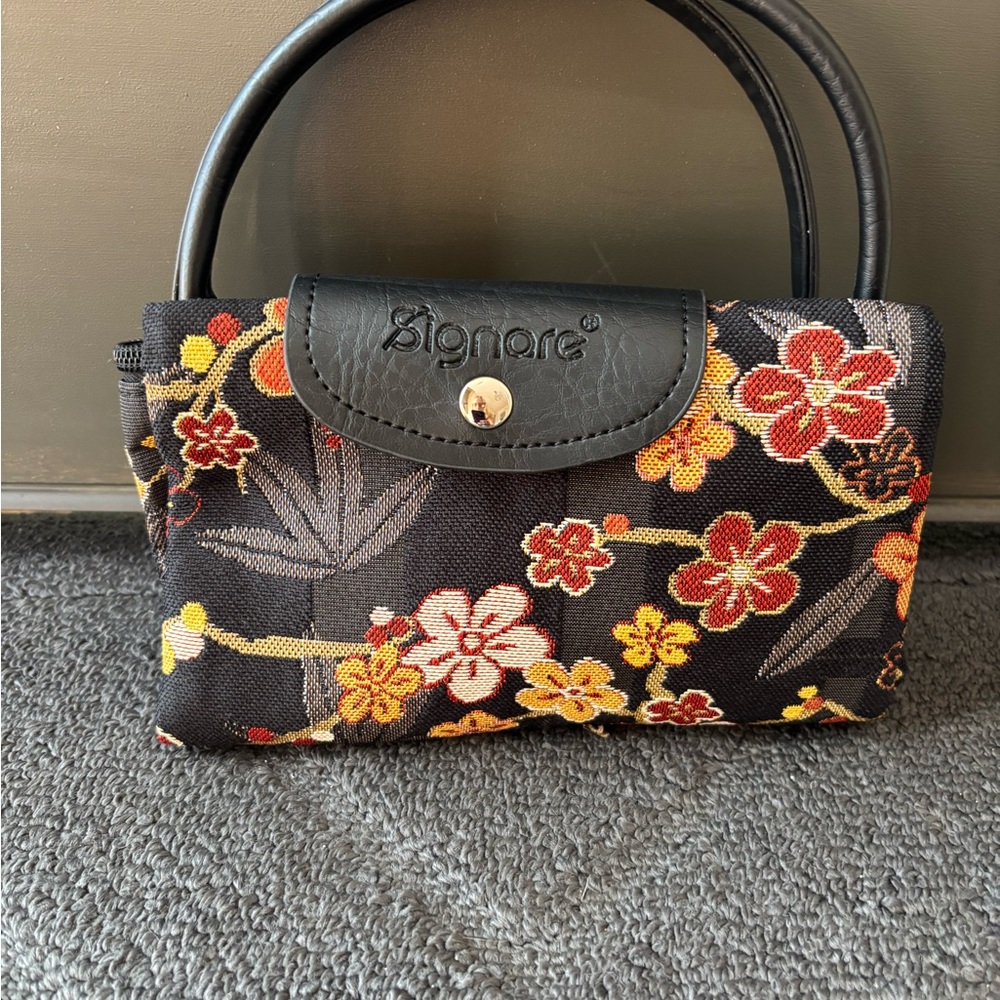 Signare Black Floral Women's Tote Bag and Eyeglass Case